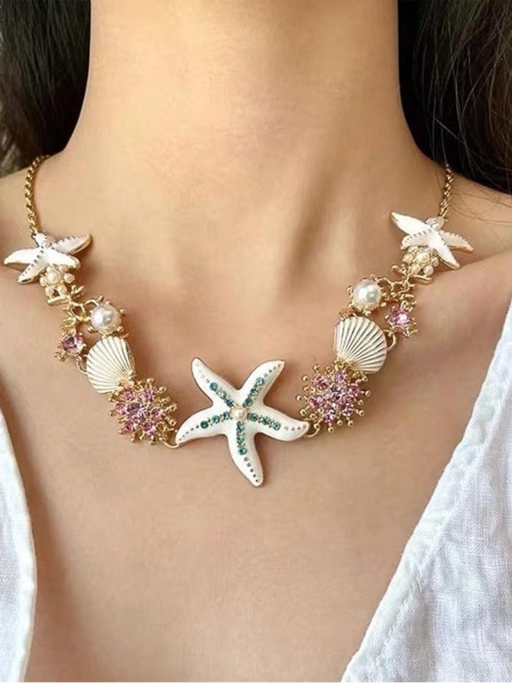 Gold-Tone White Starfish & Shell Necklace with Pink and Teal Accents